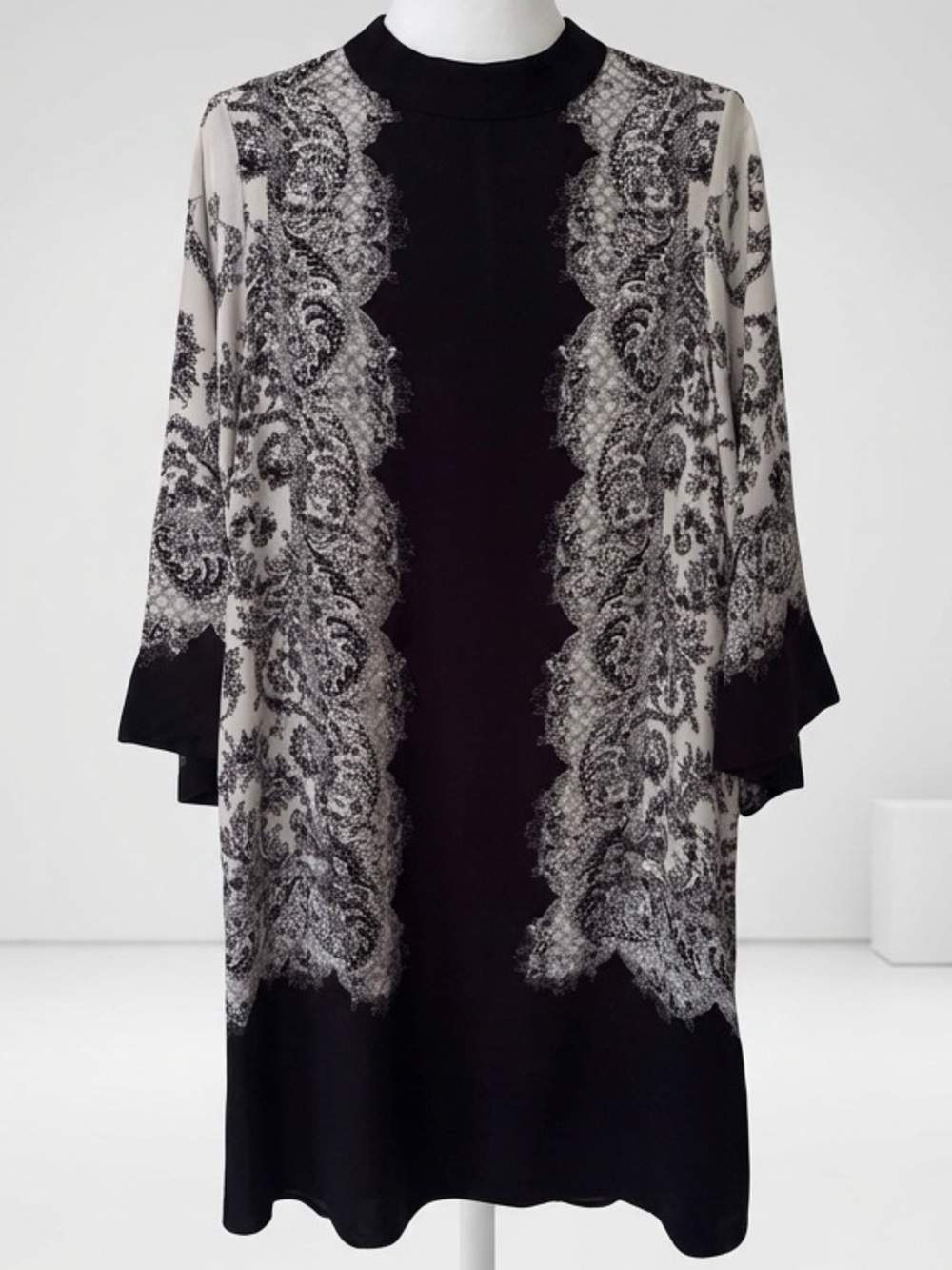 H&M| Black & Ivory Silky Lace & Paisley Print Tunic Dress w/Kimono Sleeves Sz 6